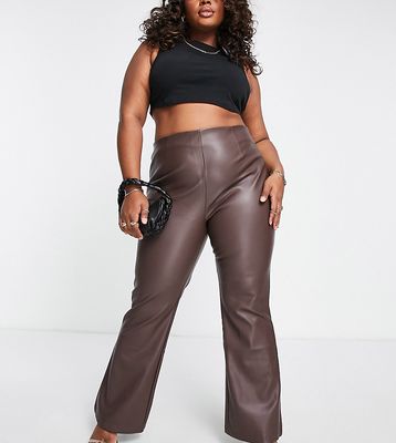 ASOS DESIGN Curve stretch leather look flare pants in chocolate-Brown