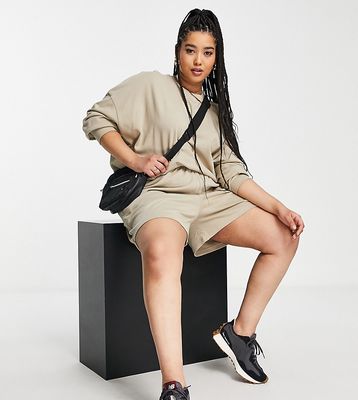 ASOS DESIGN Curve summerweight tracksuit sweatshirt / slouchy sweat short in neutral - BEIGE