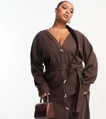ASOS DESIGN Curve supersoft button up maxi cardigan belted dress in chocolate-Brown