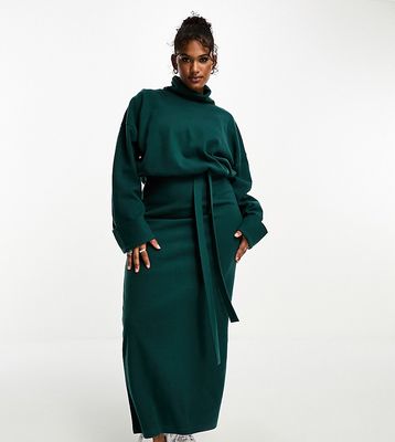 ASOS DESIGN Curve supersoft volume sleeve turtleneck belted maxi sweater dress in forest green