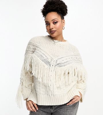 ASOS DESIGN Curve sweater in cable with fringe detail in cream-White