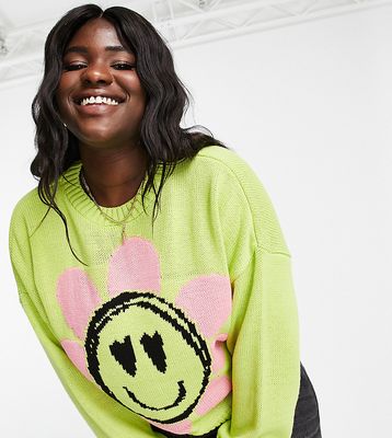 ASOS DESIGN Curve sweater with smile floral pattern in lime green