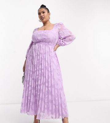 ASOS DESIGN Curve sweetheart neckline burnout pleated midi dress in lilac-Purple