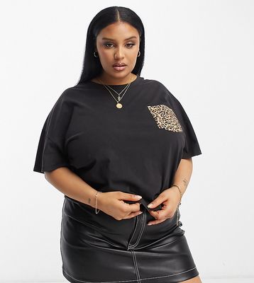 ASOS DESIGN Curve tee with leopard print pocket in washed black