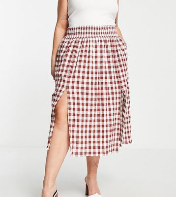 ASOS DESIGN Curve textured brown & white gingham full midi skirt with pockets-Multi