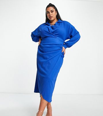 ASOS DESIGN Curve textured collared wrap midi dress in bright blue