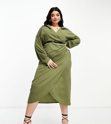 ASOS DESIGN Curve textured collared wrap midi dress in khaki-Green