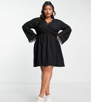 ASOS DESIGN Curve textured long sleeve mini wrap dress with crochet trim in black