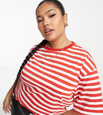 ASOS DESIGN Curve textured oversized T-shirt in red and cream stripe-Multi