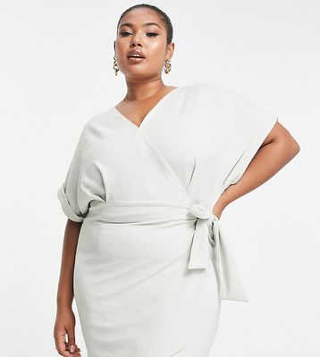 ASOS DESIGN Curve textured short sleeve mini wrap dress in gray