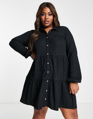 ASOS DESIGN Curve textured tiered long sleeve shirt dress in black