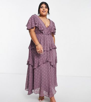 ASOS DESIGN Curve textured tiered midi dress with lace insert and open back in mauve-Purple