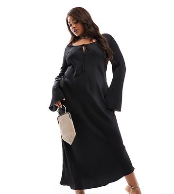 ASOS DESIGN Curve tie front long sleeve midi dress with binding in black