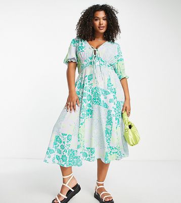 ASOS DESIGN Curve tie front midi tea dress with flare in green and lilac mixed floral print-Multi