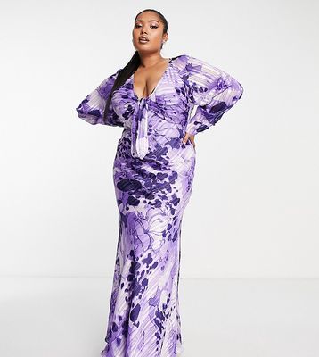 ASOS DESIGN Curve tie front plunge maxi dress with floral print in purple-Multi