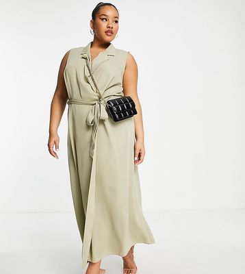 ASOS DESIGN Curve tie front sleeveless collared wrap midi dress in sage green