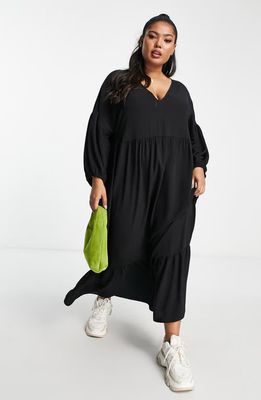 ASOS DESIGN Curve Tiered Long Sleeve Maxi Dress in Black
