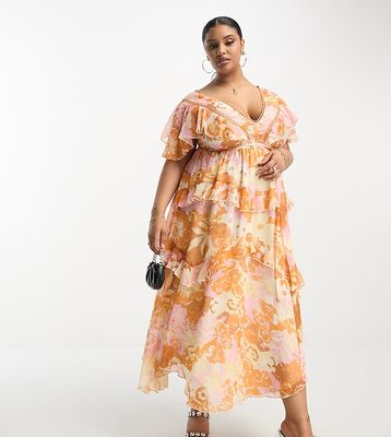 ASOS DESIGN Curve tiered midi dress with lace insert and open back in summer floral print-Multi
