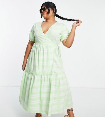 ASOS DESIGN Curve tiered midi wrap dress with puff sleeve in green check-Multi