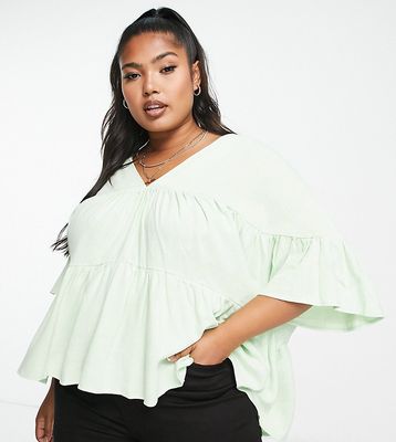 ASOS DESIGN Curve tiered smock top with frill sleeve in apple-Green