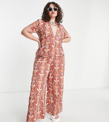 ASOS DESIGN Curve twill collar jumpsuit with wide leg in retro swirl print-Multi