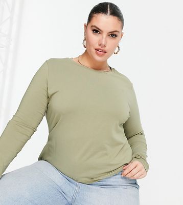 ASOS DESIGN Curve ultimate slim fit t-shirt with long sleeves in cotton in khaki-Green