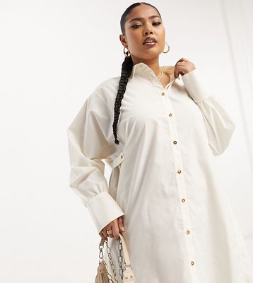 ASOS DESIGN Curve utility mini shirt dress with tab waist with horn buttons in cream-White