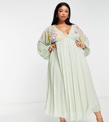 ASOS DESIGN Curve v front baby doll pleated embroidered midi dress in pastel green