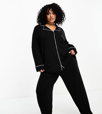 ASOS DESIGN Curve viscose long sleeve shirt & pants pajama set with contrast piping in black