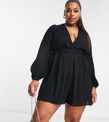 ASOS DESIGN Curve volume sleeve plunge beach romper in black