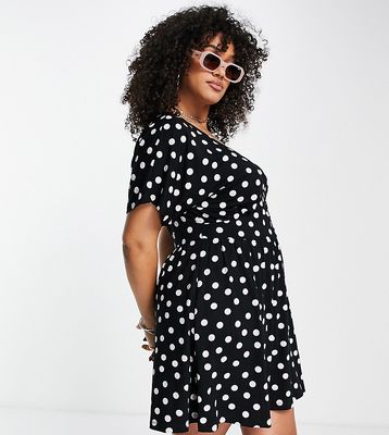 ASOS DESIGN Curve waisted mini tea dress with buttons in monochrome spot-Multi