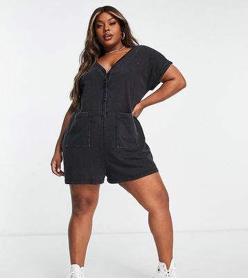 ASOS DESIGN Curve washed button through oversized romper in charcoal-Gray