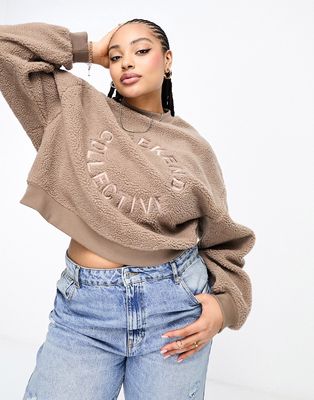 ASOS DESIGN Curve Weekend Collective oversized borg sweatshirt with embroidered logo in taupe-Neutral