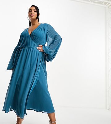 ASOS DESIGN Curve wrap balloon sleeve midi dress with tie waist detail in teal-Blue