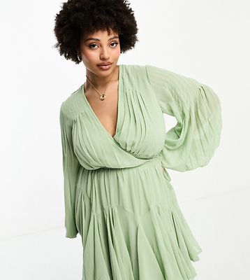 ASOS DESIGN Curve wrap balloon sleeve mini dress with tie waist detail in sage green