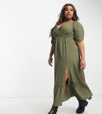 ASOS DESIGN Curve wrap bodice button up skirt with pep hem midi dress in olive-Green