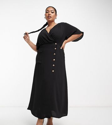 ASOS DESIGN Curve wrap button skirt midi dress with pocket detail in black