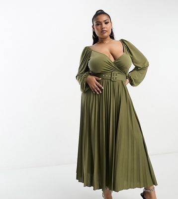 ASOS DESIGN Curve wrap front midi dress with pleat skirt and belt in khaki-Green