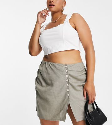 ASOS DESIGN Curve wrap linen mini skirt with buttons in natural fleck in khaki-Green