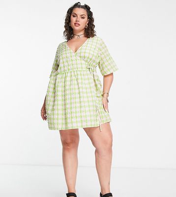 ASOS DESIGN Curve wrap smock mini dress in pink and green check-Multi