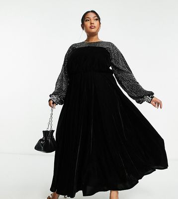 ASOS DESIGN Curve yoke embellished detail midi dress in black velvet