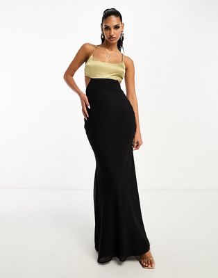 ASOS DESIGN cut out chiffon bias maxi slip dress with satin color block bodice in black