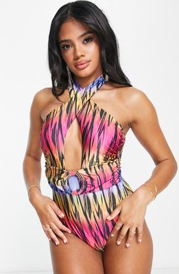 ASOS DESIGN Cutout Halter One-Piece Swimsuit in Pink