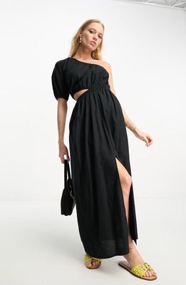 ASOS DESIGN Cutout One-Shoulder Cotton & Linen Maxi Dress in Black