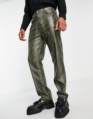 ASOS DESIGN dad fit jeans in khaki snake print leather look-Green