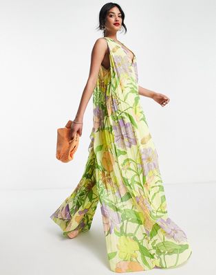 ASOS DESIGN deep V-neck pleated maxi jumpsuit in floral print-Multi