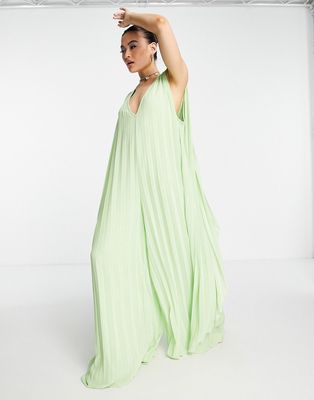 ASOS DESIGN deep v neck pleated maxi jumpsuit in mint-Green