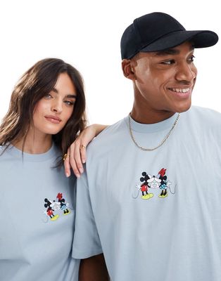 ASOS DESIGN Disney Valentine's Day oversized unisex tee in blue with Mickey and Minnie Mouse kissing print