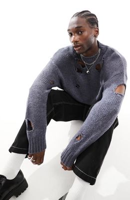 ASOS DESIGN Distressed Oversize Sweater in Medium Blue