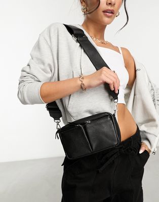 ASOS DESIGN double pocket leather crossbody bag in black
